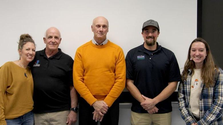 Individuals involved in the wildfire presentation at Penn State DuBois. From left to right: Justice Williams, Cody Gulvas, Fred Groh, Larry Bickel and Stefanie Williams.